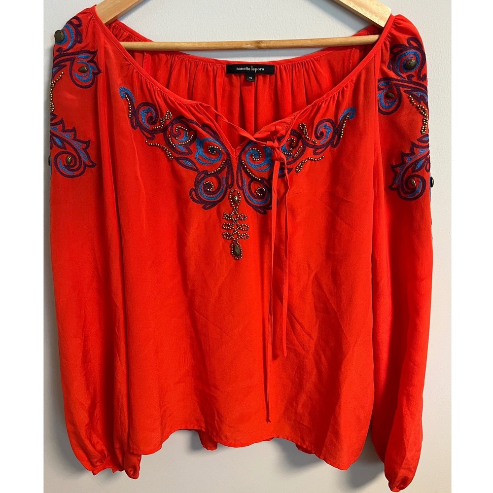 Nanette Lepore Silk Embroidered Beaded Peasant Blouse Top 10 Red Orange Boho
